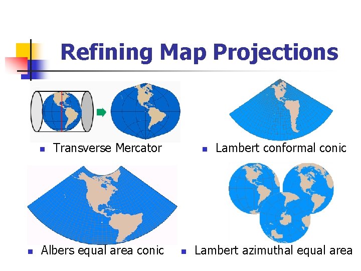 Refining Map Projections n n Transverse Mercator Albers equal area conic n n Lambert