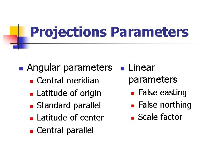 Projections Parameters n Angular parameters n n n Central meridian Latitude of origin Standard