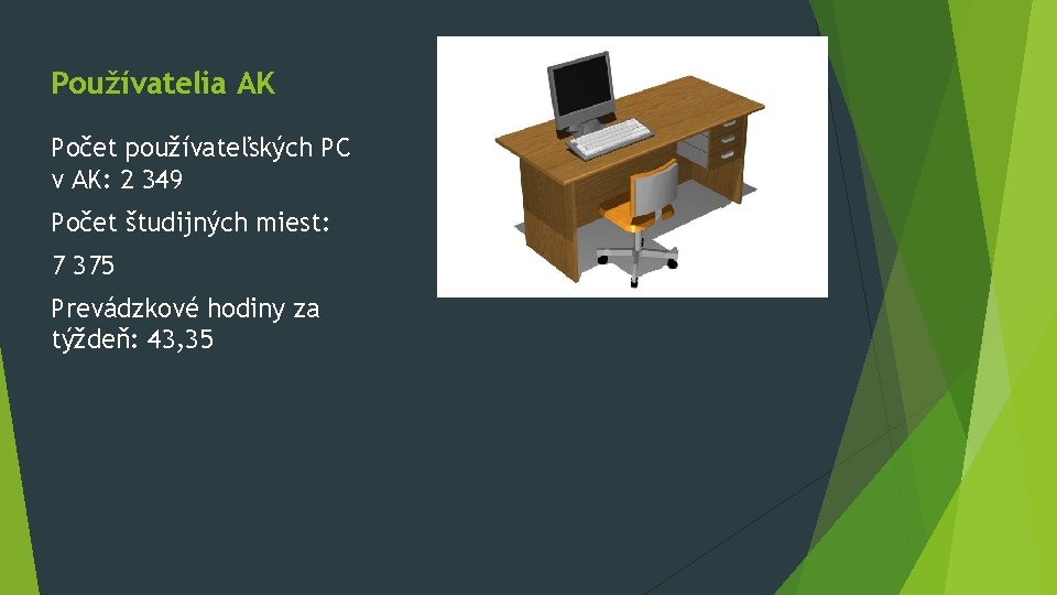 Používatelia AK Počet používateľských PC v AK: 2 349 Počet študijných miest: 7 375