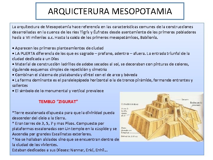 ARQUICTERURA MESOPOTAMIA La arquitectura de Mesopotamia hace referencia en las características comunes de la