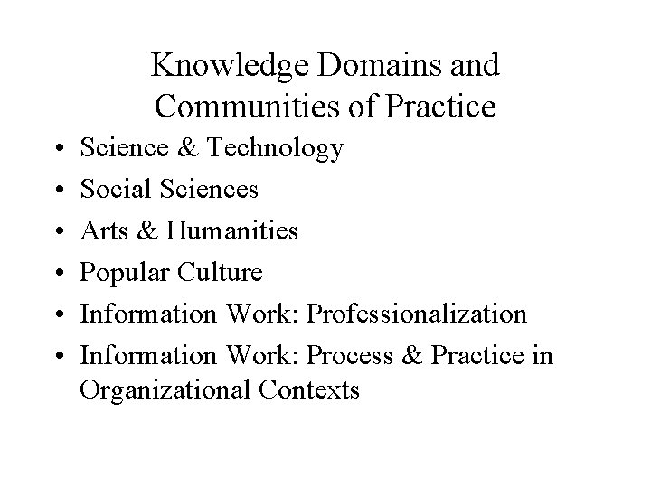 Knowledge Domains and Communities of Practice • • • Science & Technology Social Sciences