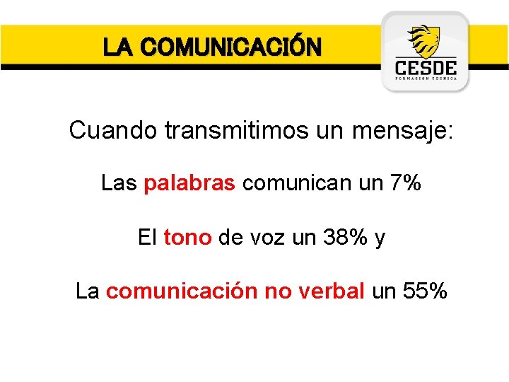 LA COMUNICACIÓN Cuando transmitimos un mensaje: Las palabras comunican un 7% El tono de