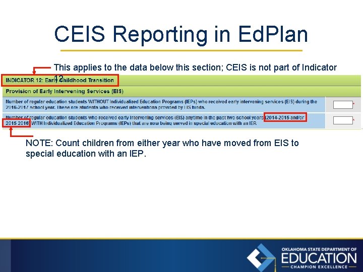 CEIS Reporting in Ed. Plan This applies to the data below this section; CEIS
