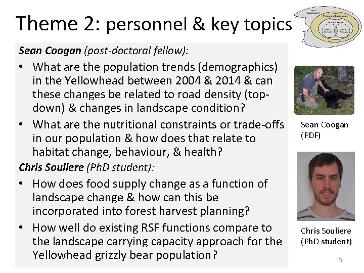 Theme 2: personnel & key topics Sean Coogan (post-doctoral fellow): • What are the