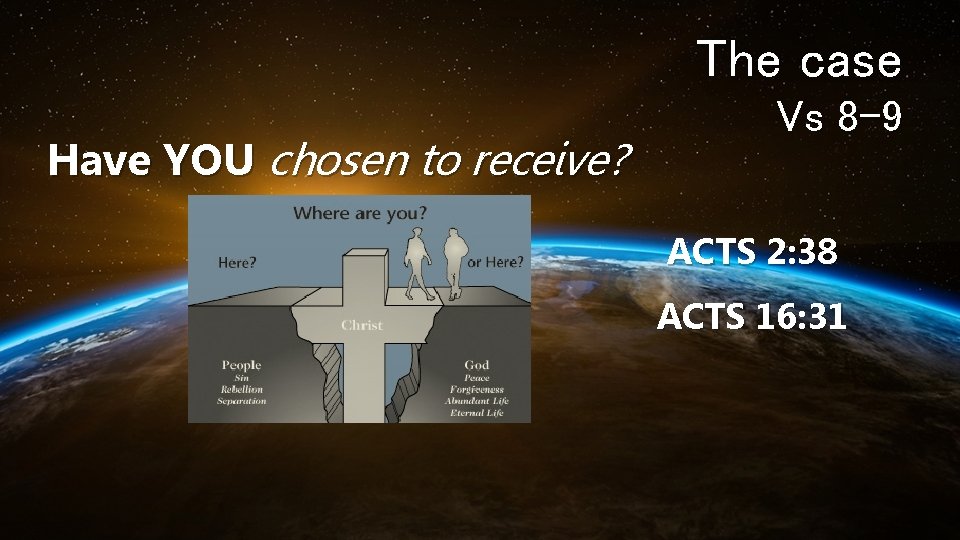 The case Have YOU chosen to receive? Vs 8 -9 ACTS 2: 38 ACTS