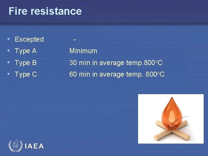 Fire resistance • • Excepted - Type Α Minimum Type Β 30 min in