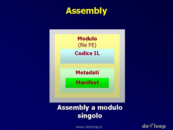 Assembly Modulo (file PE) Codice IL Metadati Manifest Assembly a modulo singolo www. devleap.