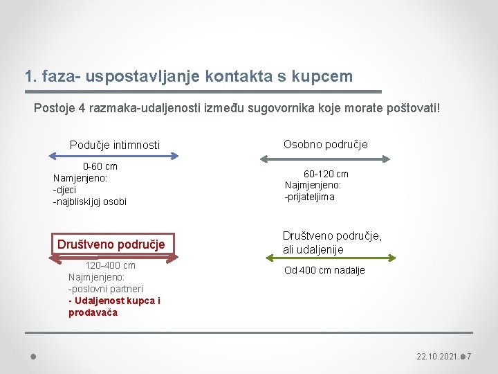 1. faza- uspostavljanje kontakta s kupcem Postoje 4 razmaka-udaljenosti između sugovornika koje morate poštovati!