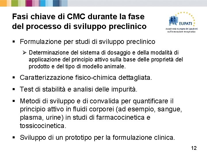 Fasi chiave di CMC durante la fase del processo di sviluppo preclinico Accademia europea