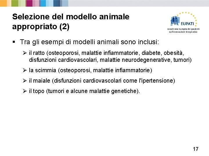 Selezione del modello animale appropriato (2) Accademia europea dei pazienti sull'innovazione terapeutica § Tra