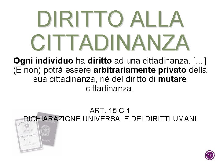 DIRITTO ALLA CITTADINANZA Ogni individuo ha diritto ad una cittadinanza. […] (E non) potrà