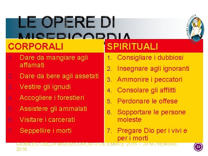 LE OPERE DI MISERICORDIA CORPORALI SPIRITUALI 1. Dare da mangiare agli affamati 2. Dare