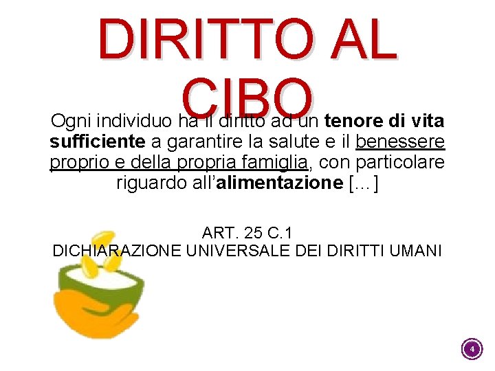 DIRITTO AL CIBO Ogni individuo ha il diritto ad un tenore di vita sufficiente