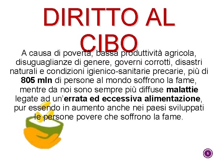 DIRITTO AL CIBO A causa di povertà, bassa produttività agricola, disuguaglianze di genere, governi