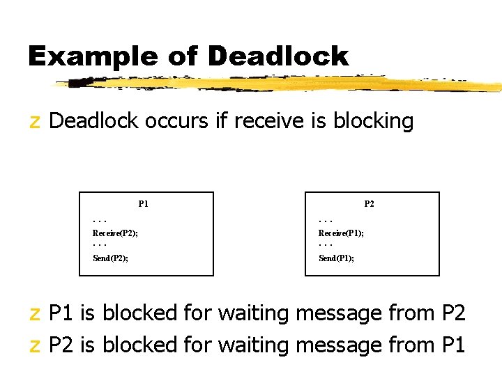 Example of Deadlock z Deadlock occurs if receive is blocking P 1 P 2