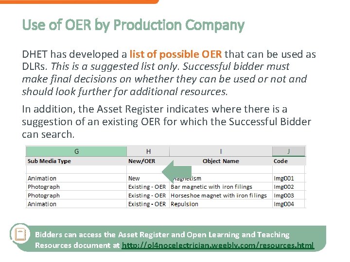 Use of OER by Production Company DHET has developed a list of possible OER