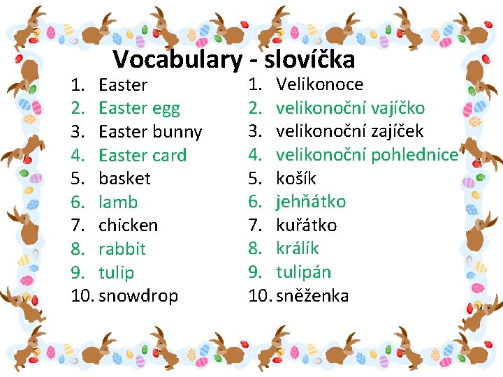 Vocabulary - slovíčka 1. Easter 2. Easter egg 3. Easter bunny 4. Easter card