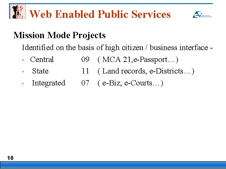 Web Enabled Public Services Mission Mode Projects Identified on the basis of high citizen