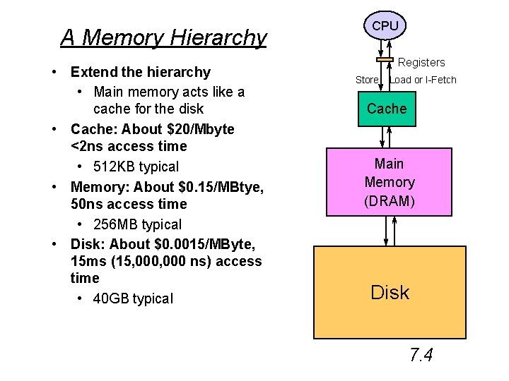 A Memory Hierarchy • Extend the hierarchy • Main memory acts like a cache