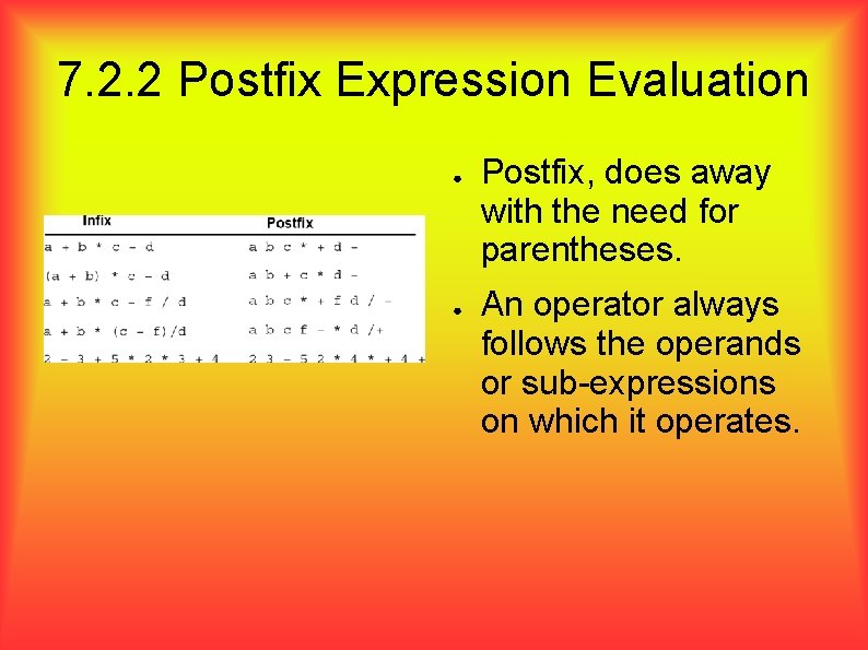 7. 2. 2 Postfix Expression Evaluation ● ● Postfix, does away with the need
