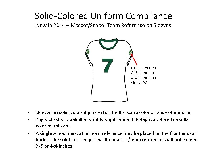 Solid-Colored Uniform Compliance New in 2014 – Mascot/School Team Reference on Sleeves Not to