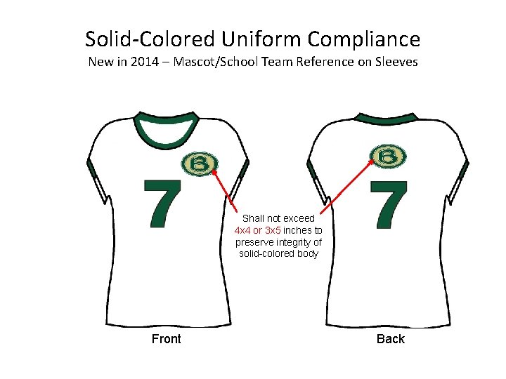 Solid-Colored Uniform Compliance New in 2014 – Mascot/School Team Reference on Sleeves Shall not