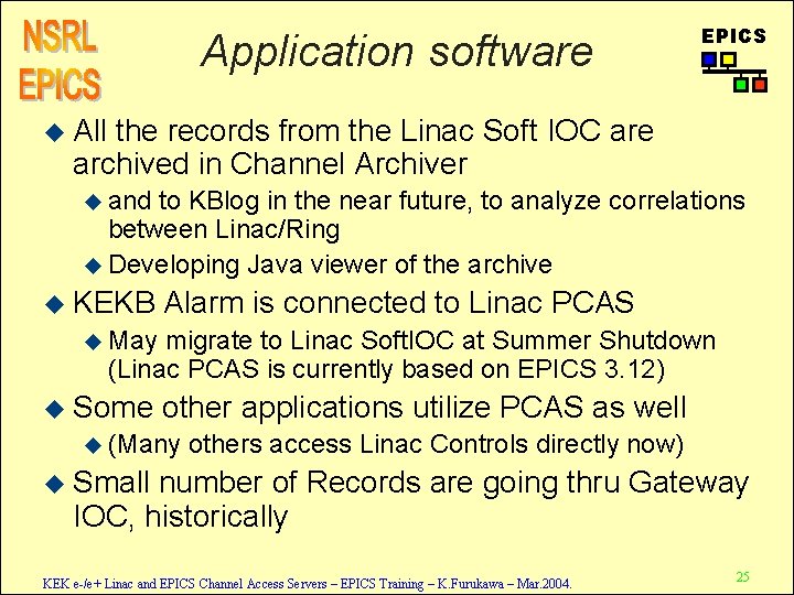 Application software EPICS u All the records from the Linac Soft IOC are archived