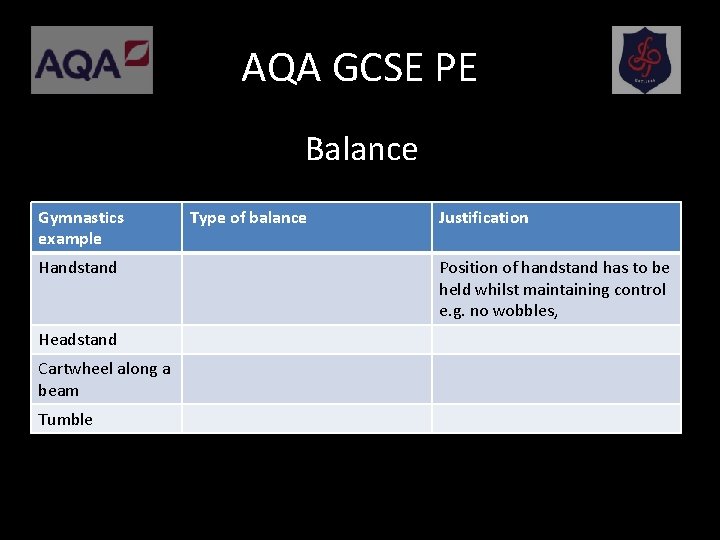 AQA GCSE PE Balance Gymnastics example Handstand Headstand Cartwheel along a beam Tumble Type