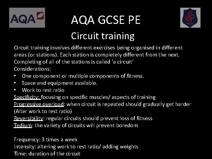 AQA GCSE PE Circuit training involves different exercises being organised in different areas (or