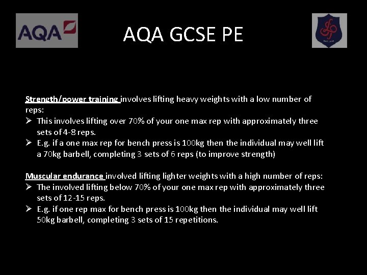 AQA GCSE PE Strength/power training involves lifting heavy weights with a low number of