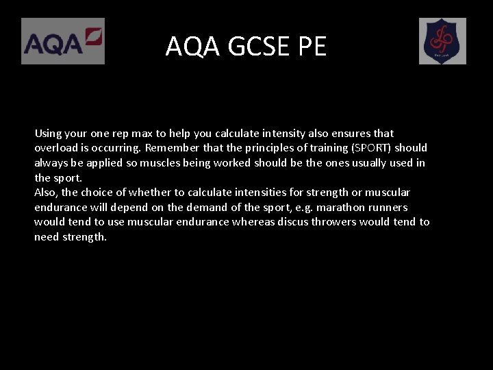 AQA GCSE PE Using your one rep max to help you calculate intensity also