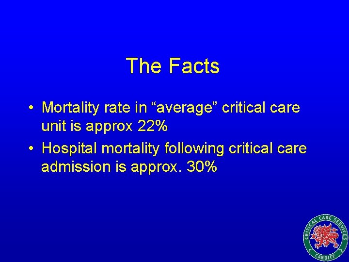 The Facts • Mortality rate in “average” critical care unit is approx 22% •