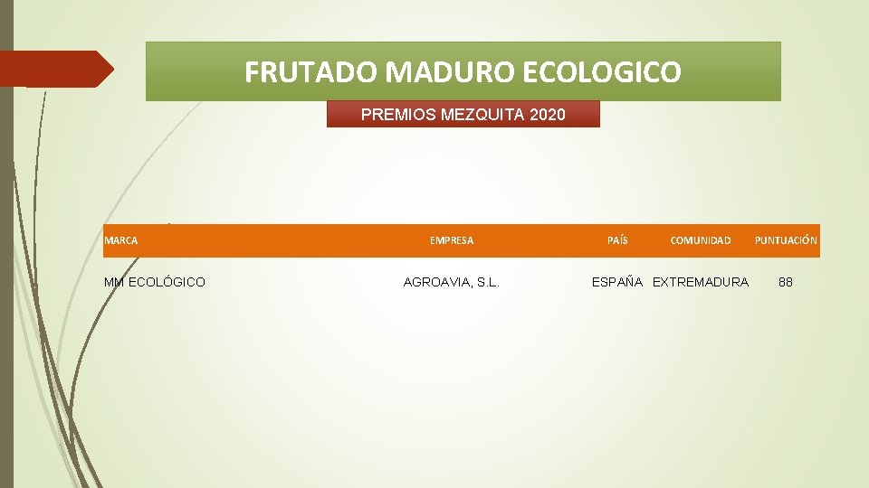 FRUTADO MADURO ECOLOGICO PREMIOS MEZQUITA 2020 MARCA MM ECOLÓGICO EMPRESA AGROAVIA, S. L. PAÍS