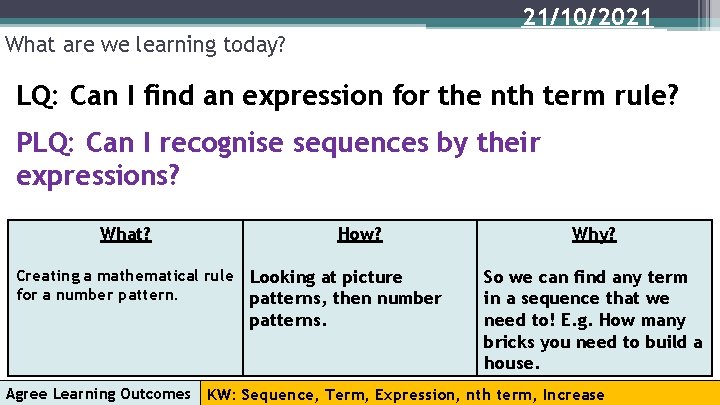 21/10/2021 What are we learning today? LQ: Can I find an expression for the