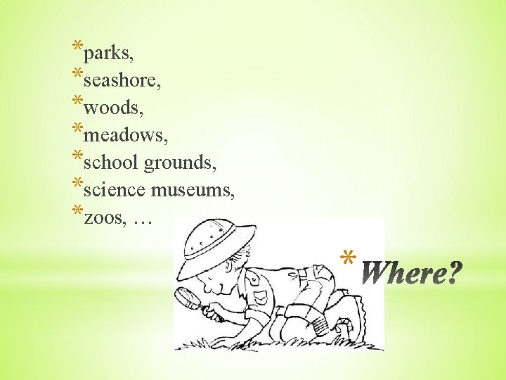 *parks, *seashore, *woods, *meadows, *school grounds, *science museums, *zoos, … * 