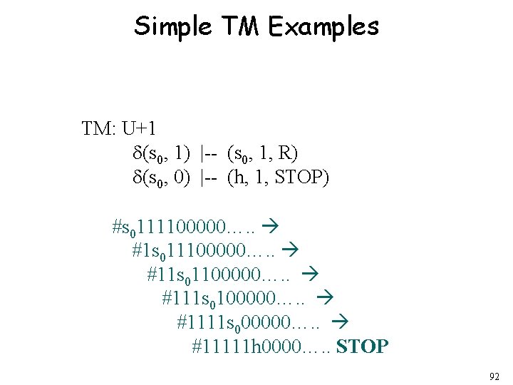 Simple TM Examples TM: U+1 d(s 0, 1) |-- (s 0, 1, R) d(s