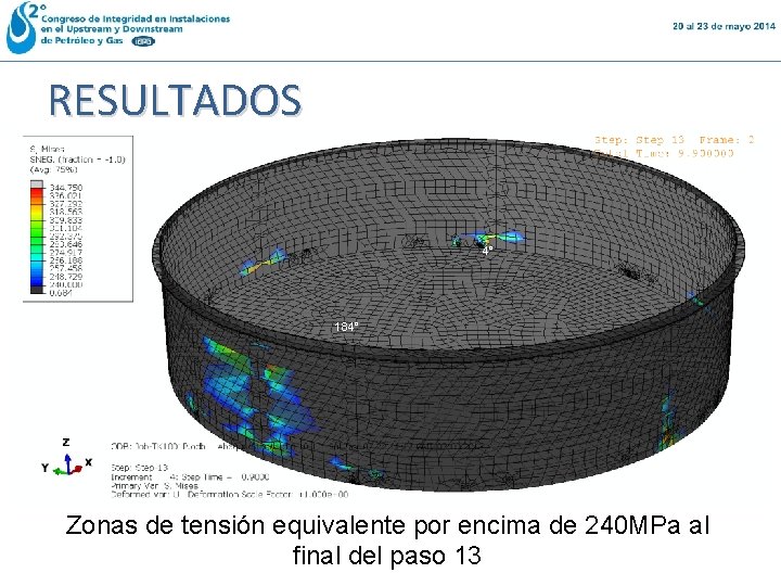 RESULTADOS 4° 184° Zonas de tensión equivalente por encima de 240 MPa al final RESULTADOS 4° 184° Zonas de tensión equivalente por encima de 240 MPa al final