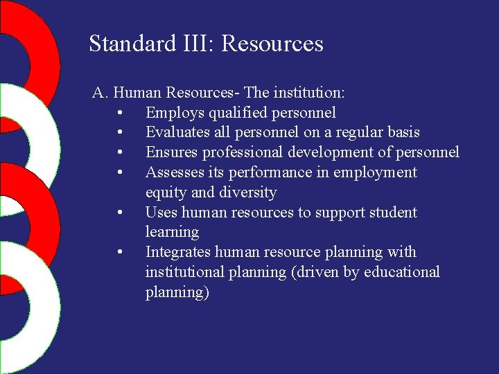 Standard III: Resources A. Human Resources- The institution: • Employs qualified personnel • Evaluates
