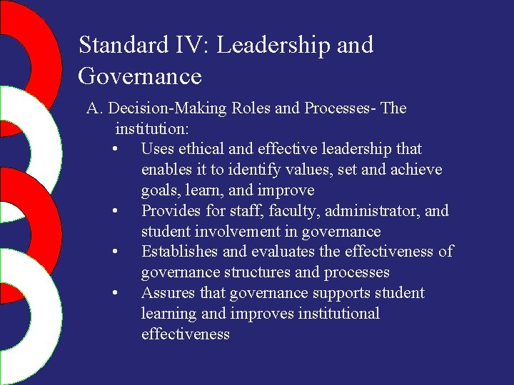 Standard IV: Leadership and Governance A. Decision-Making Roles and Processes- The institution: • Uses