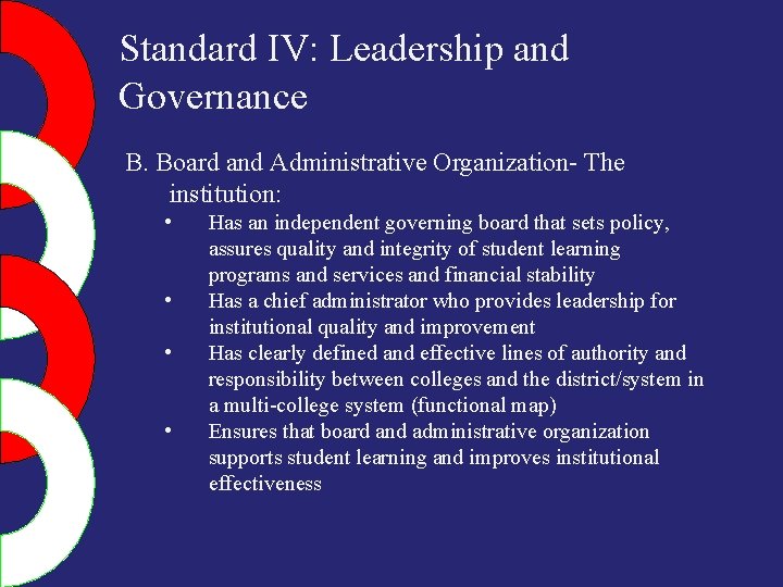 Standard IV: Leadership and Governance B. Board and Administrative Organization- The institution: • •