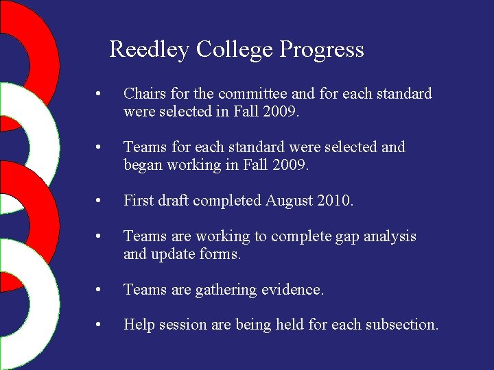 Reedley College Progress • Chairs for the committee and for each standard were selected