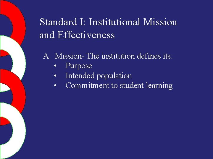 Standard I: Institutional Mission and Effectiveness A. Mission- The institution defines its: • Purpose