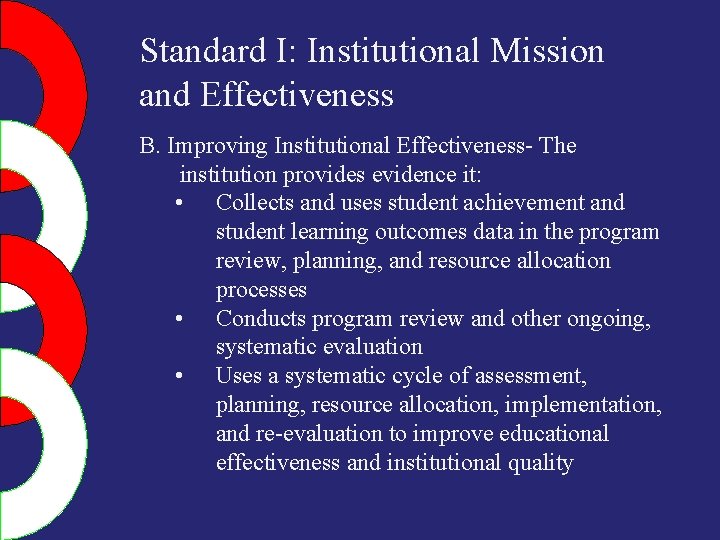 Standard I: Institutional Mission and Effectiveness B. Improving Institutional Effectiveness- The institution provides evidence