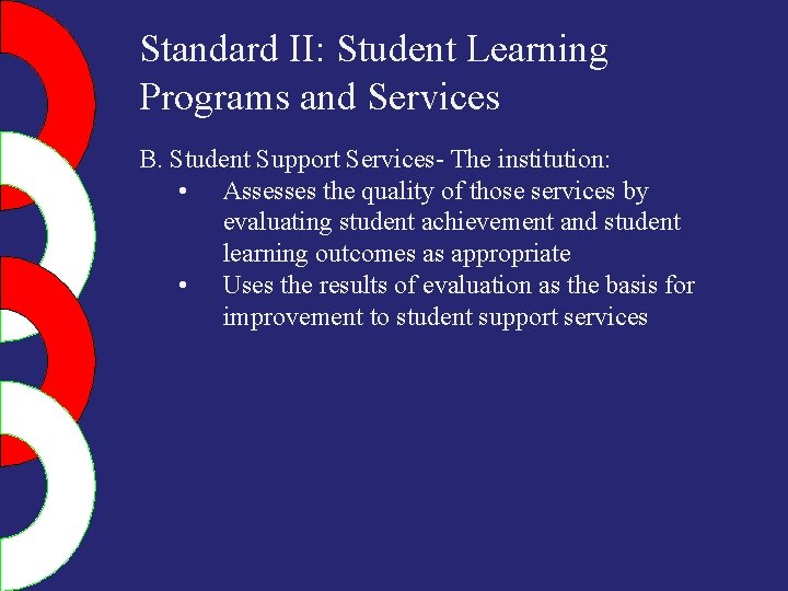 Standard II: Student Learning Programs and Services B. Student Support Services- The institution: •