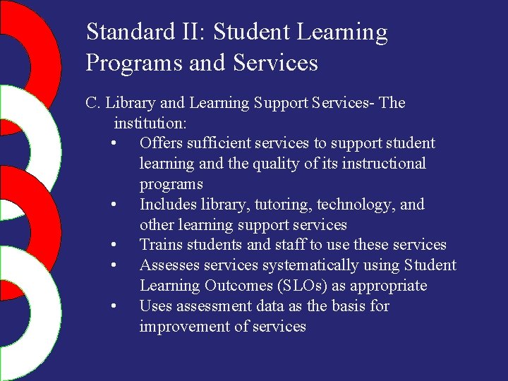 Standard II: Student Learning Programs and Services C. Library and Learning Support Services- The