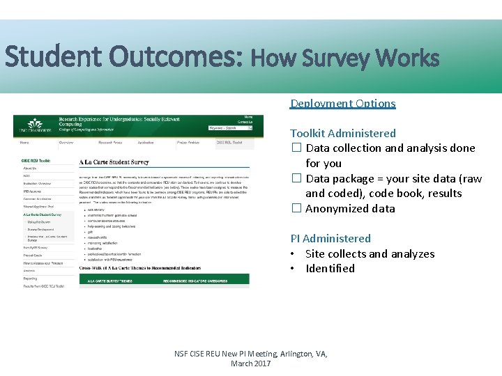 Student Outcomes: How Survey Works Deployment Options Toolkit Administered � Data collection and analysis