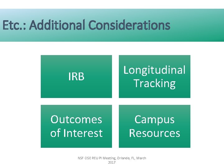 Etc. : Additional Considerations IRB Longitudinal Tracking Outcomes of Interest Campus Resources NSF CISE