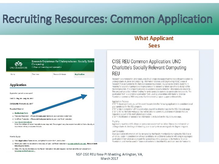 Recruiting Resources: Common Application What Applicant Sees NSF CISE REU New PI Meeting, Arlington,