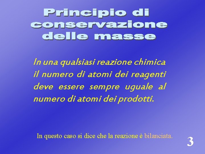 In una qualsiasi reazione chimica il numero di atomi dei reagenti deve essere sempre