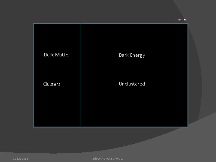 Andrew Liddle 20 July 2018 Dark Matter Dark Energy Clusters Unclustered 4 th Cosmology